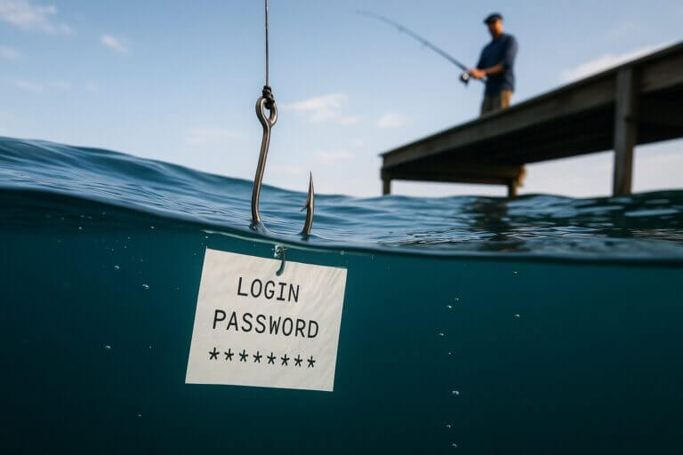 Imagen conceptual de phishing con un anzuelo bajo el agua que sostiene una tarjeta con las palabras “login” y “password”. Representa el robo de credenciales mediante técnicas de phishing en entornos corporativos.