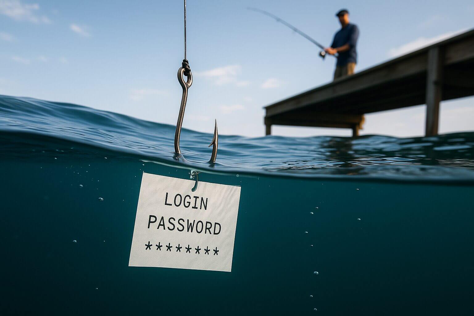 Imagen conceptual de phishing con un anzuelo bajo el agua que sostiene una tarjeta con las palabras “login” y “password”. Representa el robo de credenciales mediante técnicas de phishing en entornos corporativos.