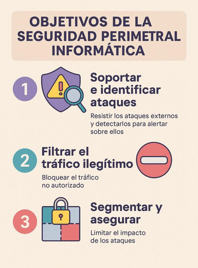 Infografía en colores pasteles que muestra los principales objetivos de la seguridad perimetral informática: soportar e identificar ataques, filtrar tráfico ilegítimo y segmentar sistemas para reducir el impacto.