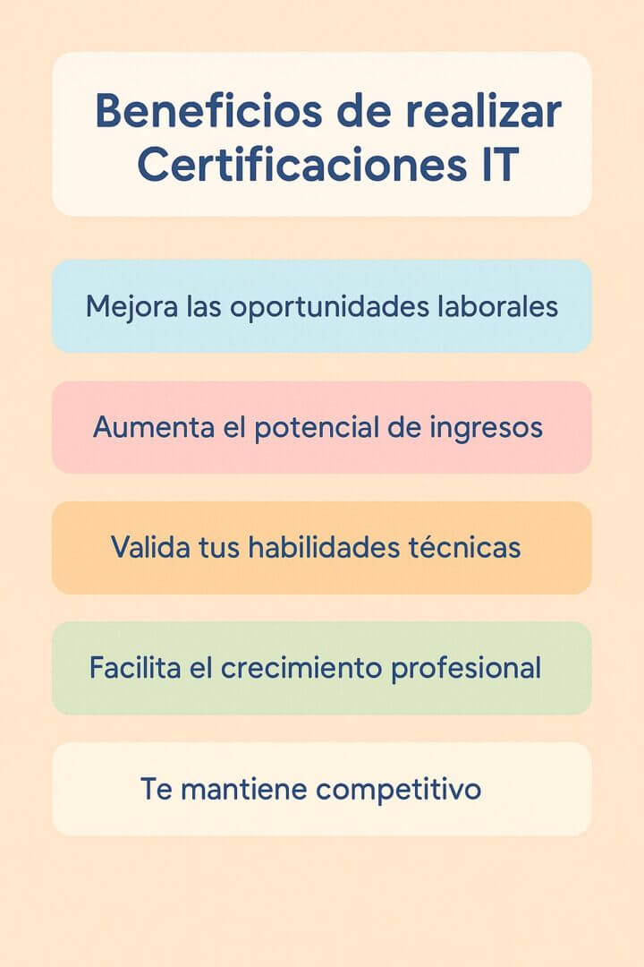 Infografía con lista de beneficios de realizar Certificaciones IT: mejora de oportunidades laborales, aumento del potencial de ingresos, validación de habilidades técnicas, crecimiento profesional y competitividad.