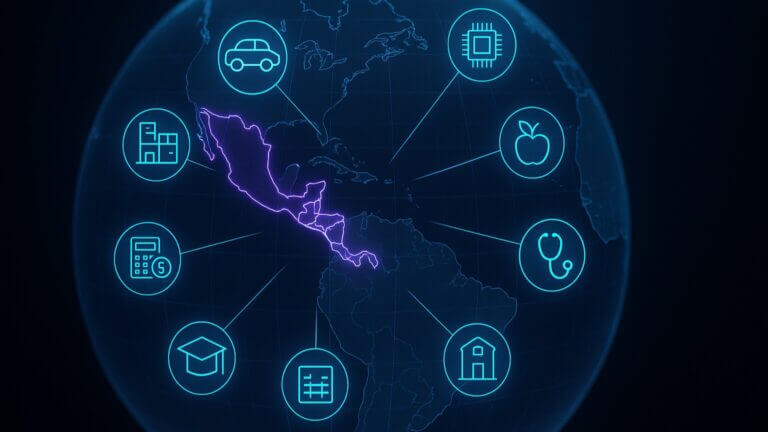 Mapa digital con México iluminado en el centro y rodeado por íconos de industrias clave como automotriz, manufactura, salud, educación, tecnología y finanzas, representando los avances tecnológicos actuales y el impacto del nearshoring.