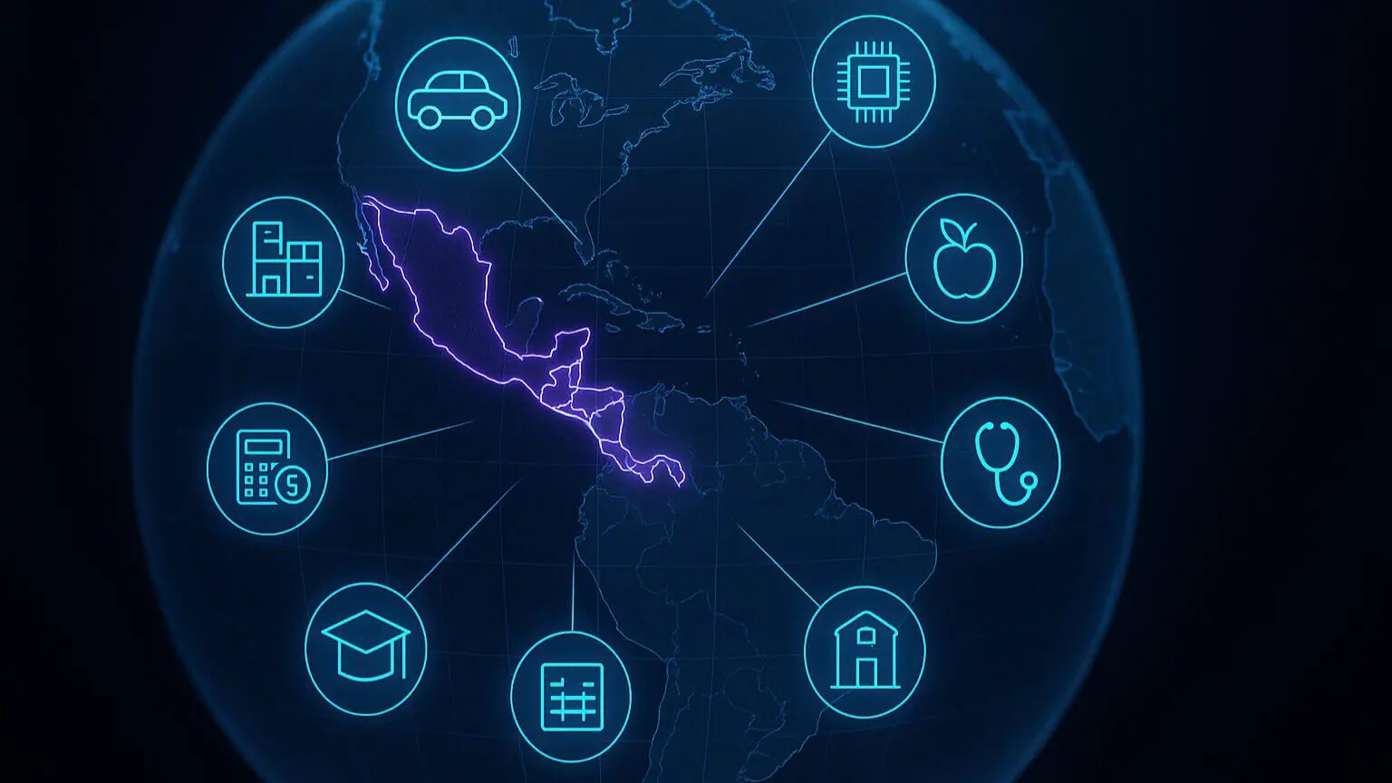 Mapa digital con México iluminado en el centro y rodeado por íconos de industrias clave como automotriz, manufactura, salud, educación, tecnología y finanzas, representando los avances tecnológicos actuales y el impacto del nearshoring.