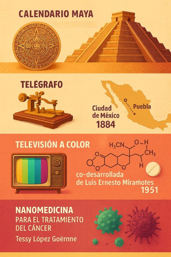 Ilustración con avances tecnológicos de México: calendario maya, telégrafo entre CDMX y Puebla (1884), televisión a color, píldora anticonceptiva, nanomedicina para el cáncer y contribuciones al software libre como GNOME. Representa los avances tecnológicos desde la era prehispánica hasta la actualidad.