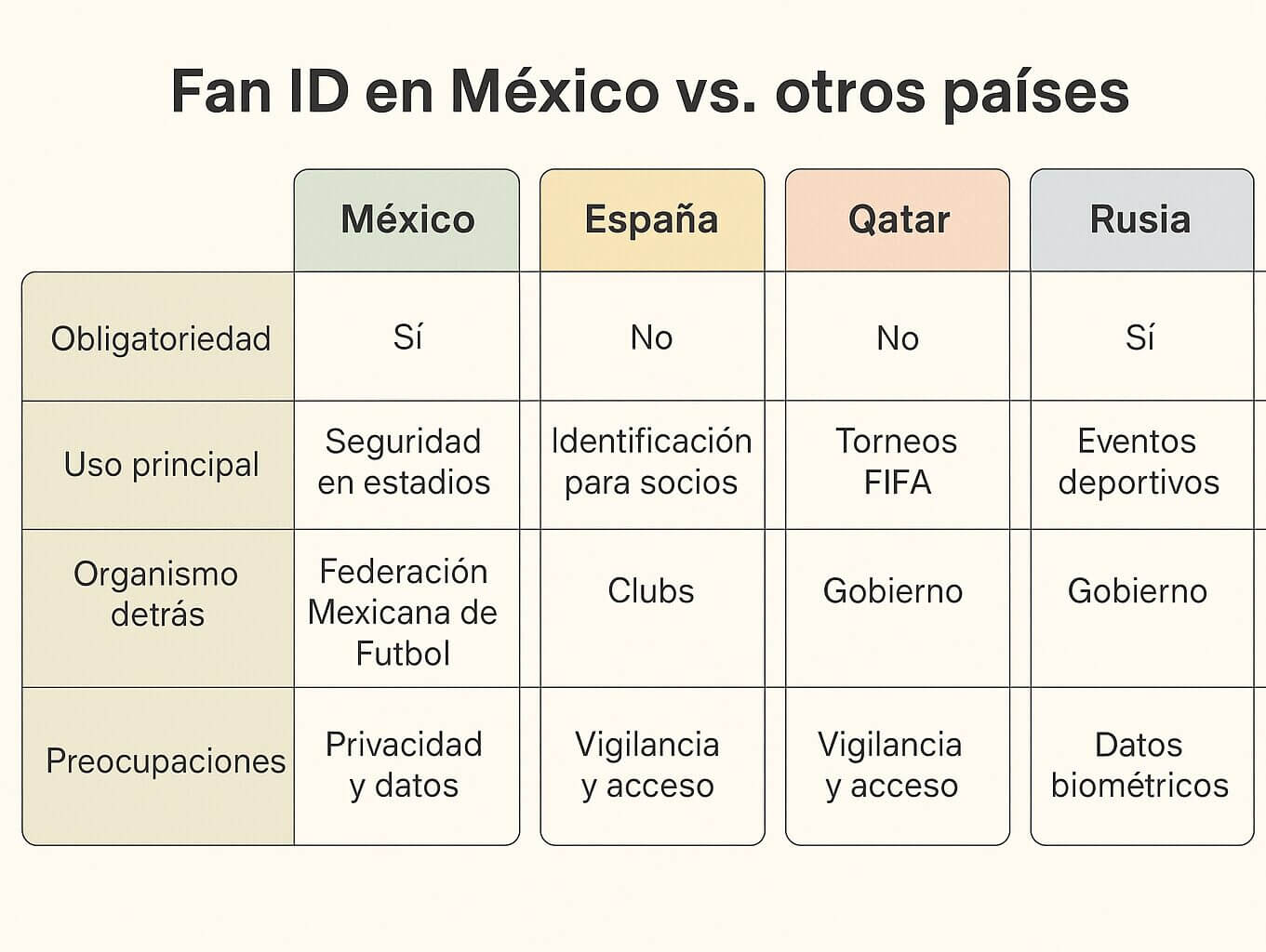 Cuadro comparativo muestra cómo funciona el Fan ID en México, España, Qatar y Rusia, incluyendo obligatoriedad, uso principal, organismo responsable y preocupaciones sobre privacidad y vigilancia.