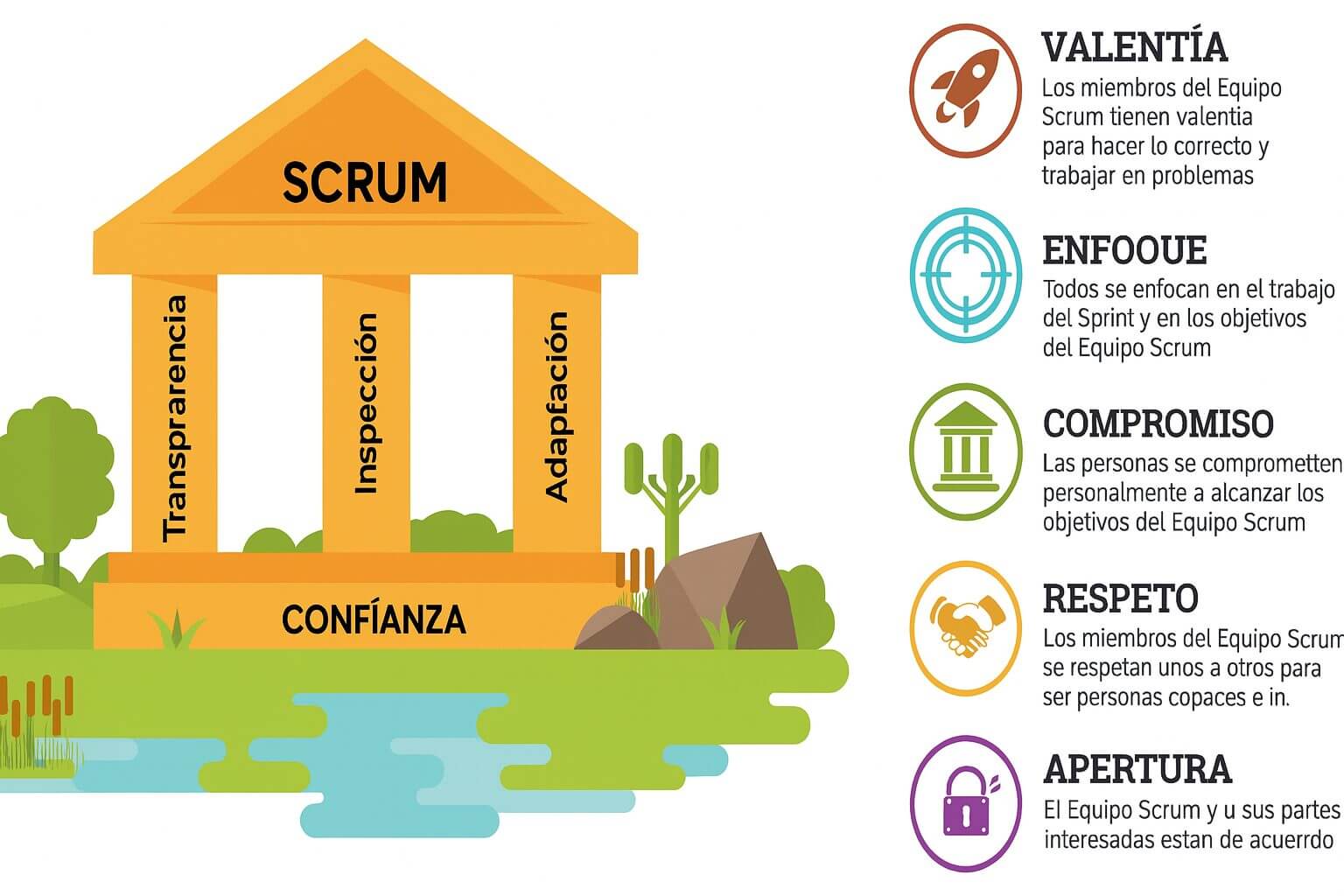 Ilustración del marco Scrum con pilares de transparencia, inspección y adaptación sobre una base de confianza, junto a los cinco valores Scrum: valentía, enfoque, compromiso, respeto y apertura.