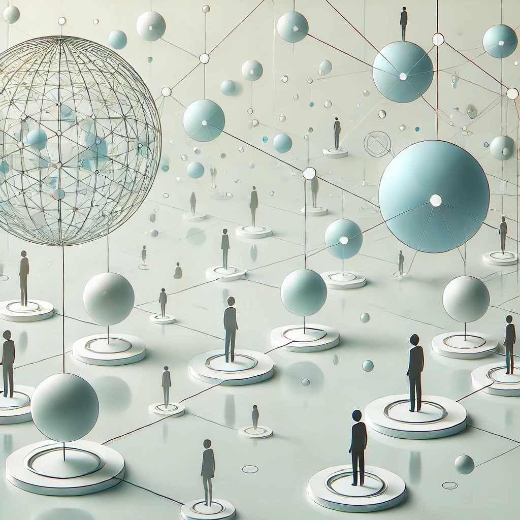 Ilustración minimalista que muestra el funcionamiento del metaverso, creada con inteligencia artificial, representando la interconexión de mundos virtuales y la interacción de usuarios en tiempo real