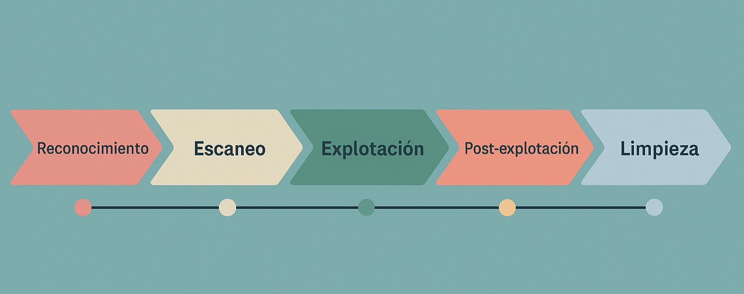 Infografía horizontal que muestra las fases del pentesting —Reconocimiento, Escaneo, Explotación, Post-explotación, Limpieza e Informe con re-test— representadas en una línea de tiempo con colores pastel y diseño corporativo.