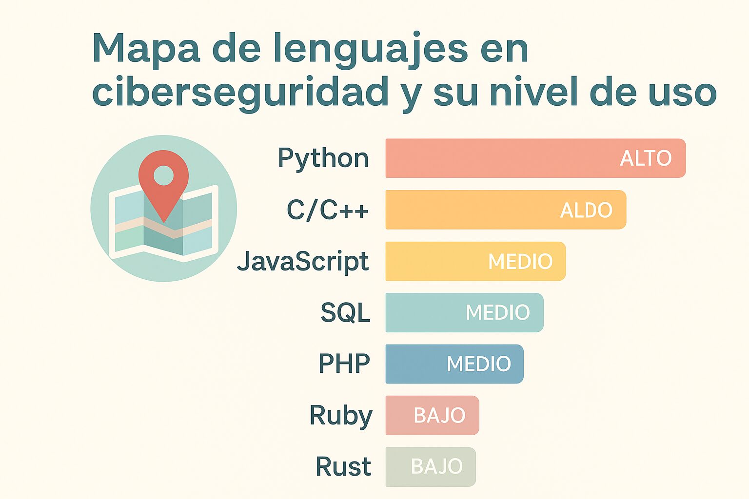 Infografía en colores pasteles que muestra un mapa de lenguajes en ciberseguridad y su nivel de uso: Python (alto), C/C++ (alto), JavaScript (medio), SQL (medio), PHP (medio), Ruby (bajo) y Rust (bajo).