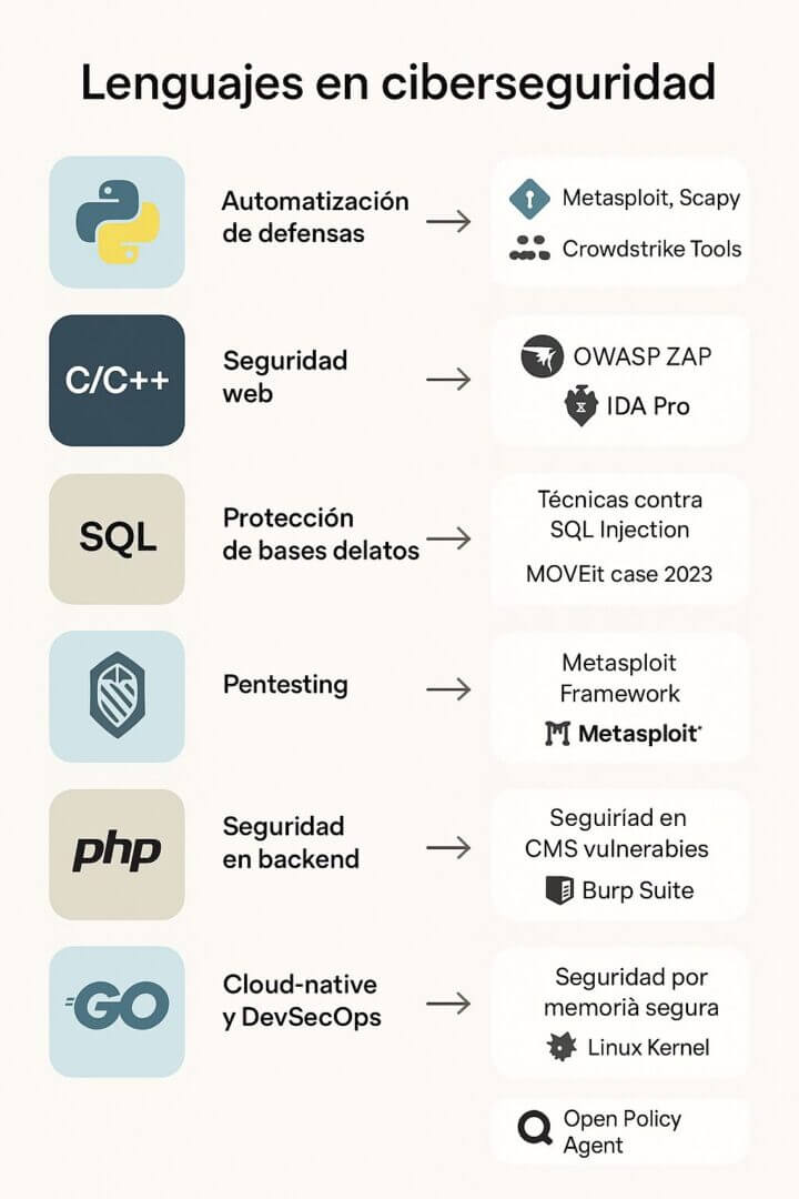 Infografía de lenguajes ciberseguridad que conecta cada lenguaje con su aplicación y herramientas asociadas: Python con Metasploit y Scapy, C/C++ con OWASP ZAP e IDA Pro, SQL con técnicas contra inyección, Ruby con Metasploit, PHP con Burp Suite y Go con Open Policy Agent y Linux Kernel.
