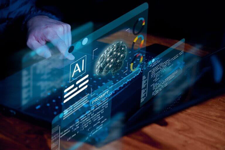 Pantalla digital con visualizaciones de datos, un cerebro artificial y código fuente, representando el uso de GenAI en programación y modelos generativos avanzados.