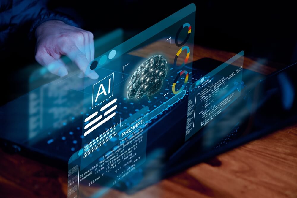 Pantalla digital con visualizaciones de datos, un cerebro artificial y código fuente, representando el uso de GenAI en programación y modelos generativos avanzados.