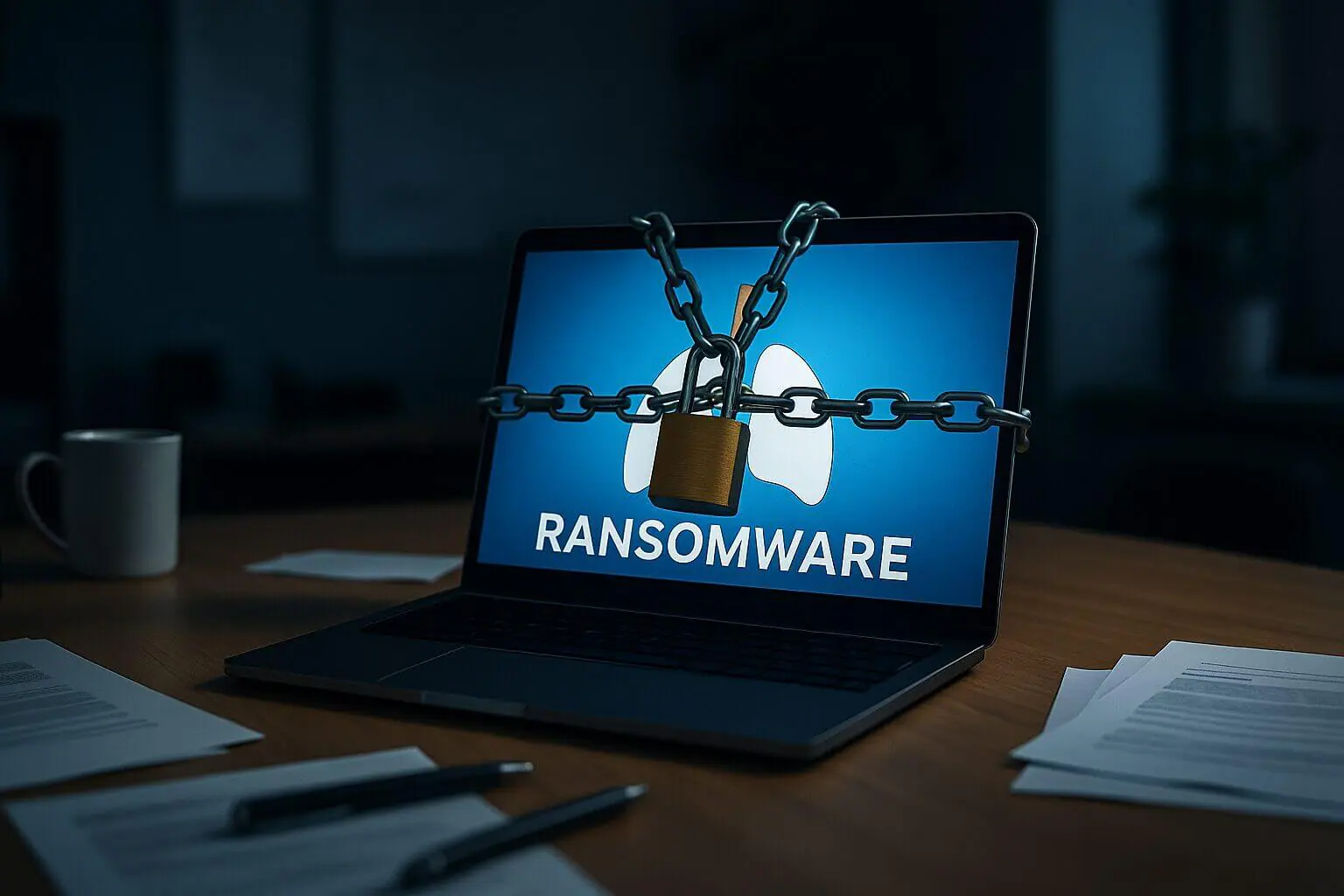 Laptop encendida sobre un escritorio con una imagen de candado y cadena en pantalla, acompañada de la palabra "ransomware", representando un ciberataque en un contexto empresarial.