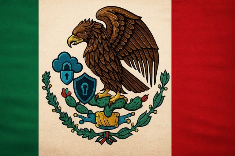 Bandera de México con su escudo nacional modificado para incluir íconos de ciberseguridad como un candado, nube y escudo digital. Representa los retos actuales de la ciberseguridad en el país ante los avances tecnológicos.