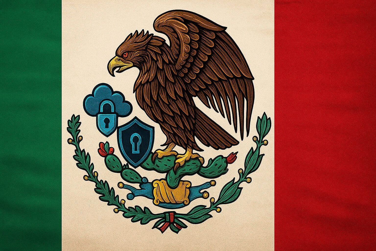 Bandera de México con su escudo nacional modificado para incluir íconos de ciberseguridad como un candado, nube y escudo digital. Representa los retos actuales de la ciberseguridad en el país ante los avances tecnológicos.