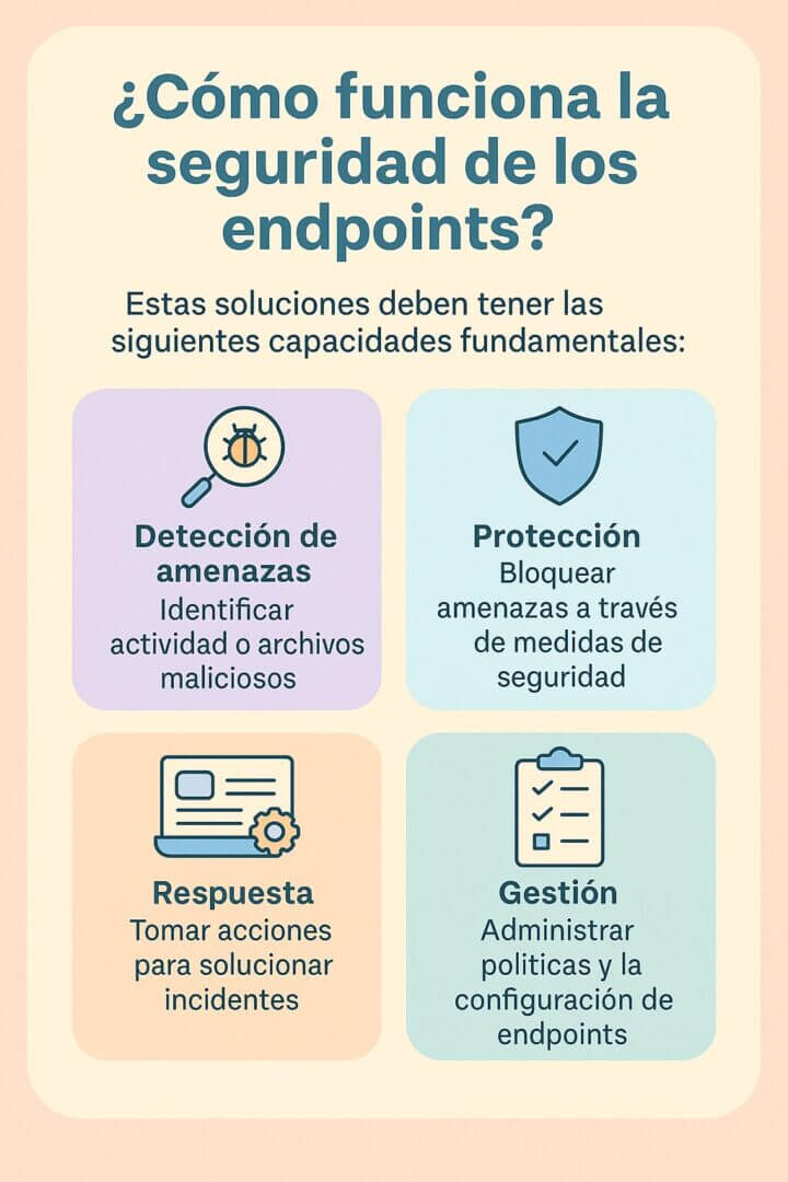 Infografía explicativa sobre cómo funciona la endpoint security, con cuatro capacidades fundamentales: detección de amenazas, protección, respuesta y gestión de endpoints, orientada a entornos empresariales.