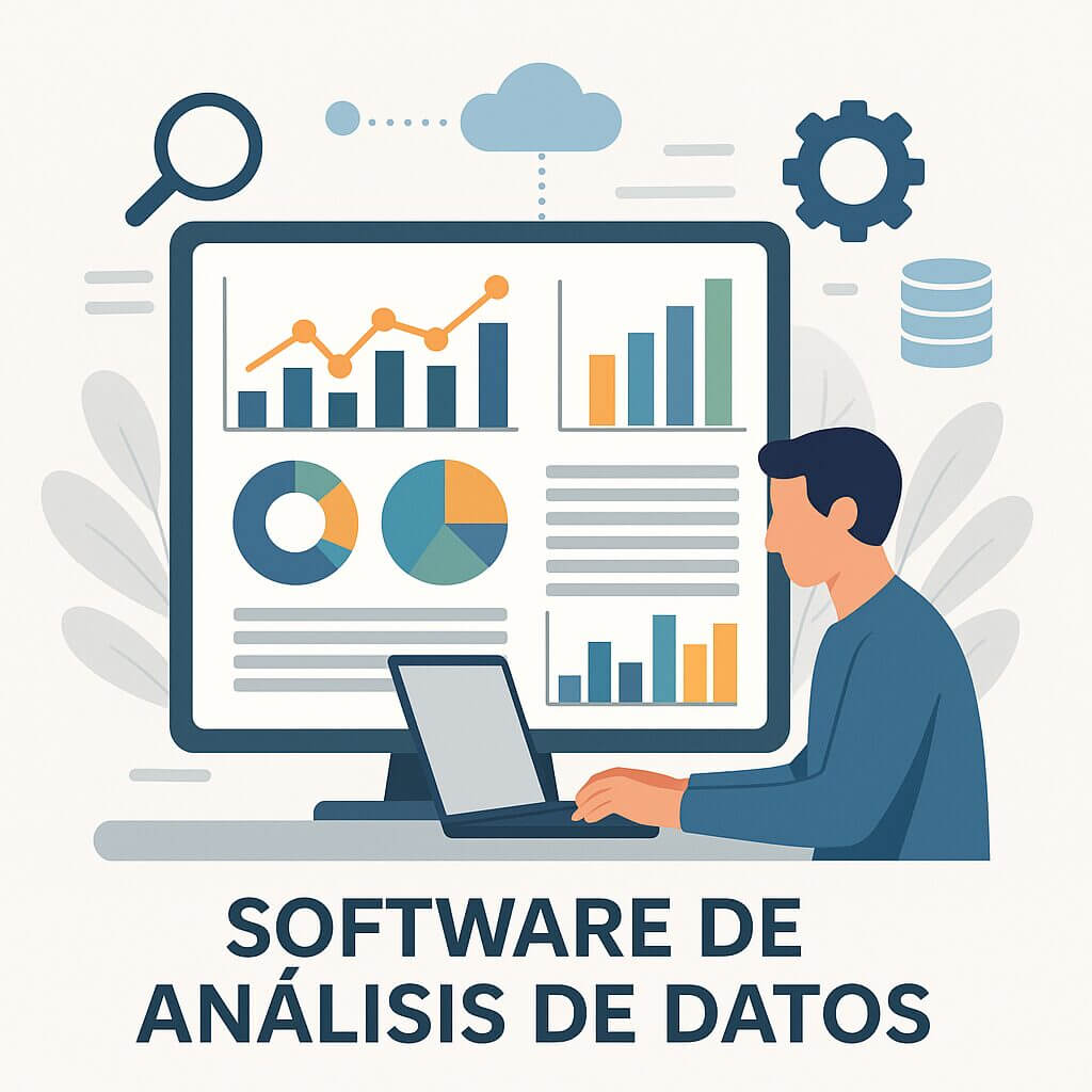 Ilustración de un profesional utilizando software de análisis de datos con gráficos de barras, tortas y líneas en pantalla, acompañado de íconos de nube, engranaje y base de datos.