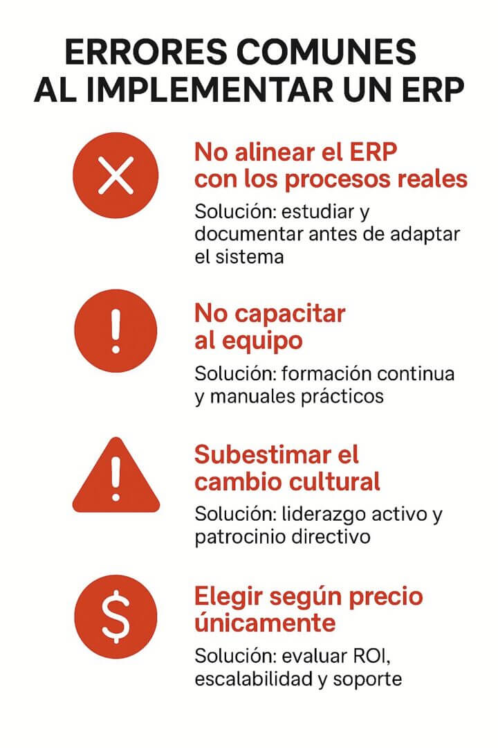 Infografía que muestra cuatro errores al implementar Software ERP: no alinear procesos, no capacitar al equipo, subestimar el cambio cultural y elegir solo por precio.