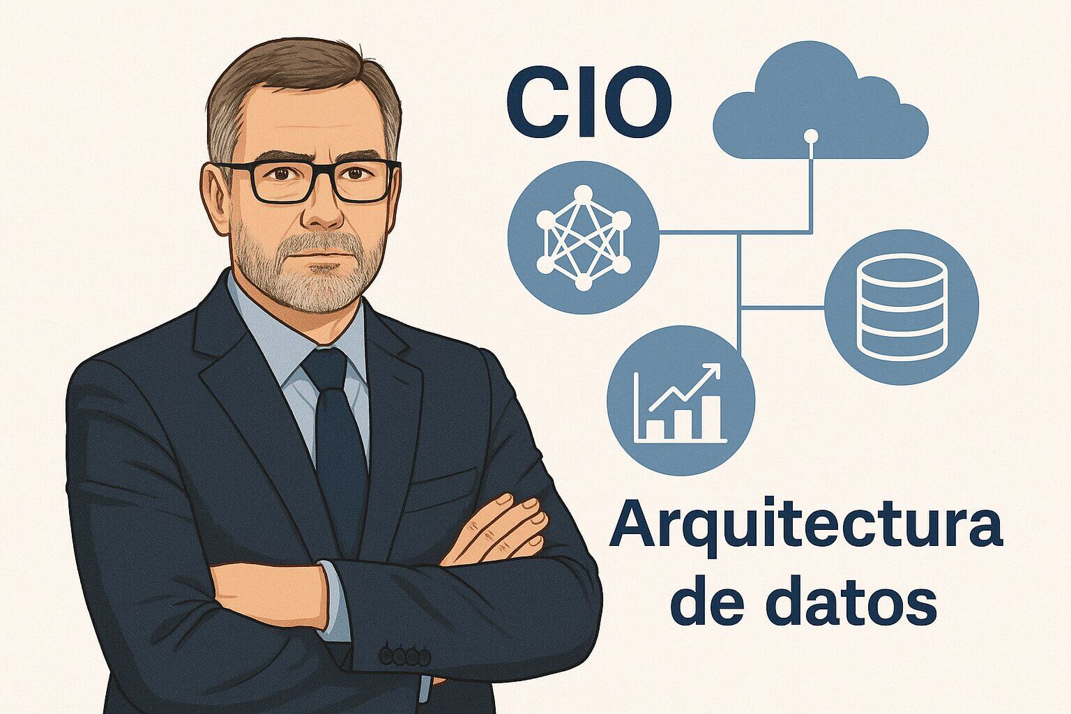 Ilustración de un CIO con elementos visuales de arquitectura de datos como nube, base de datos, analítica y redes neuronales.
