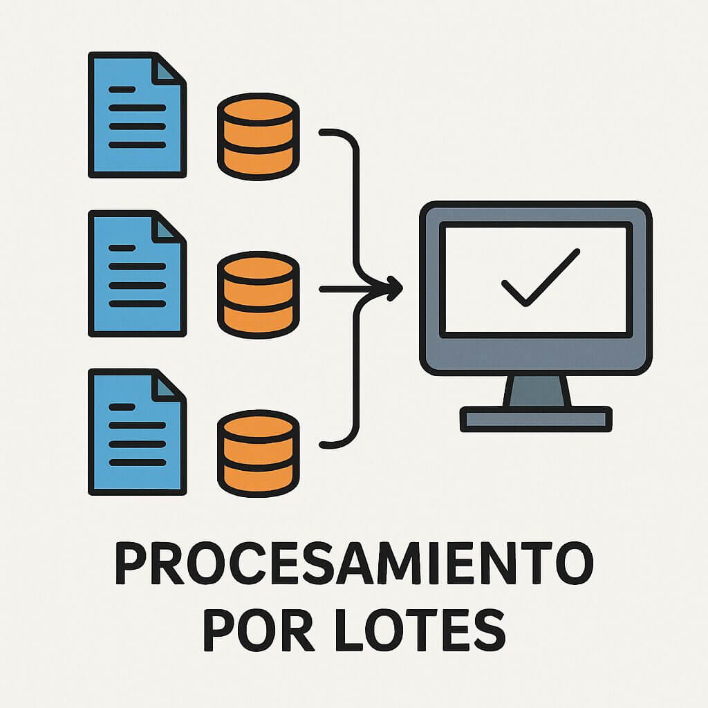 Ilustración de flujo de procesamiento por lotes con documentos y bases de datos conectados a un sistema informático para su ejecución automatizada.