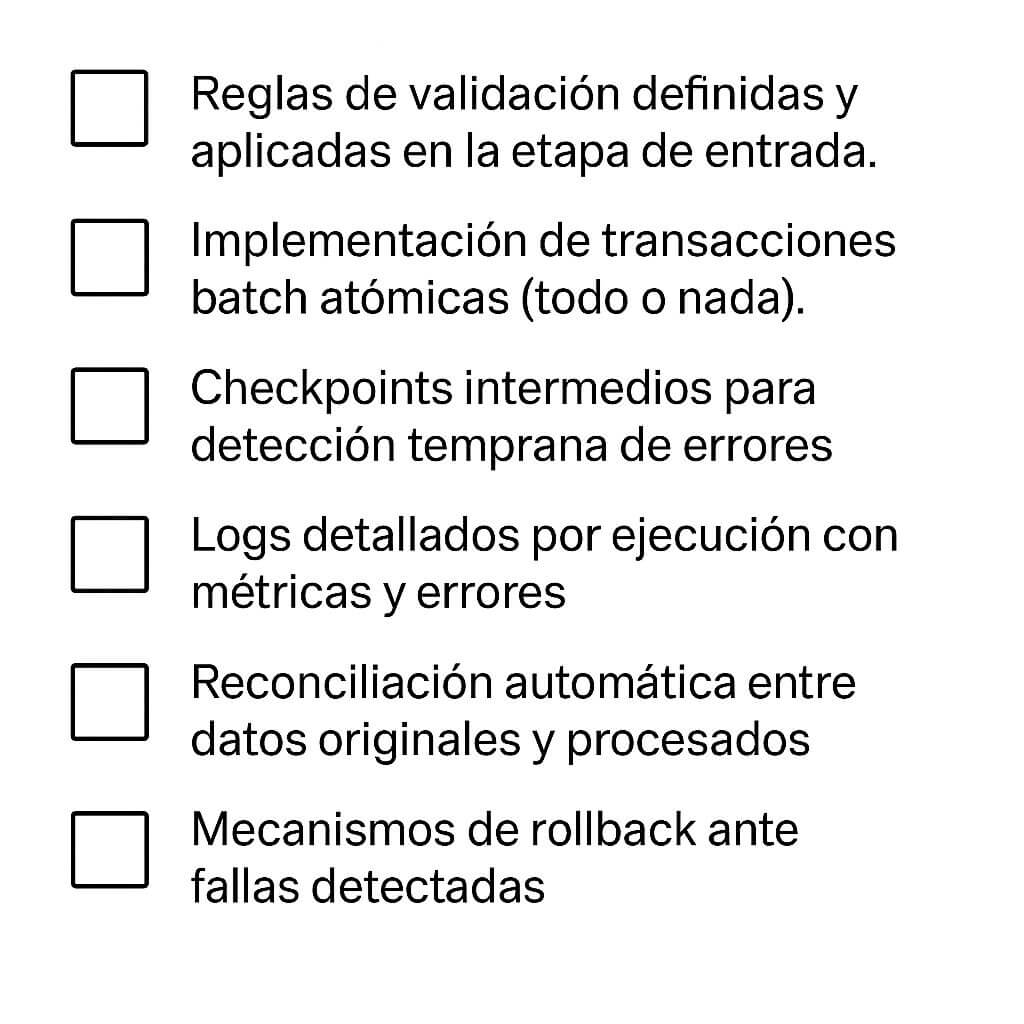 Lista de verificación para procesamiento por lotes con seis puntos clave de control de integridad y calidad de datos, junto a casillas vacías para marcar.