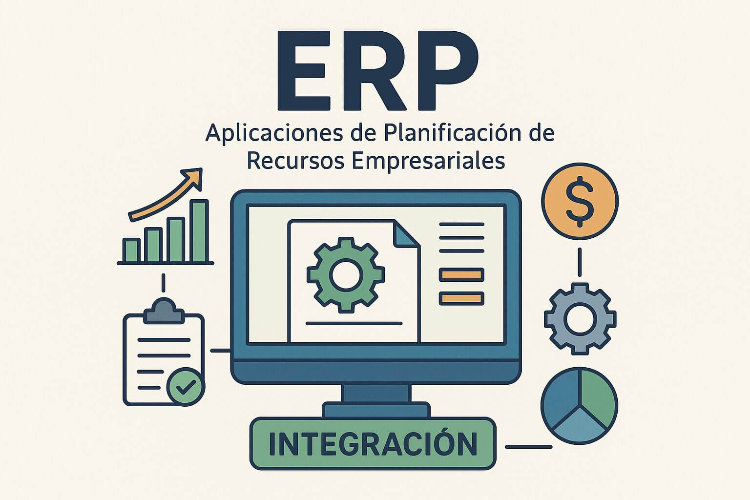 Ilustración de ERP con íconos de finanzas, procesos, gráficos de crecimiento y engranajes, destacando la integración y los beneficios del ERP en la gestión de recursos empresariales.