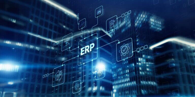Ilustración digital de un sistema ERP conectado a distintos módulos empresariales en un entorno corporativo moderno, representando la comparativa de las mejores soluciones ERP para empresas.