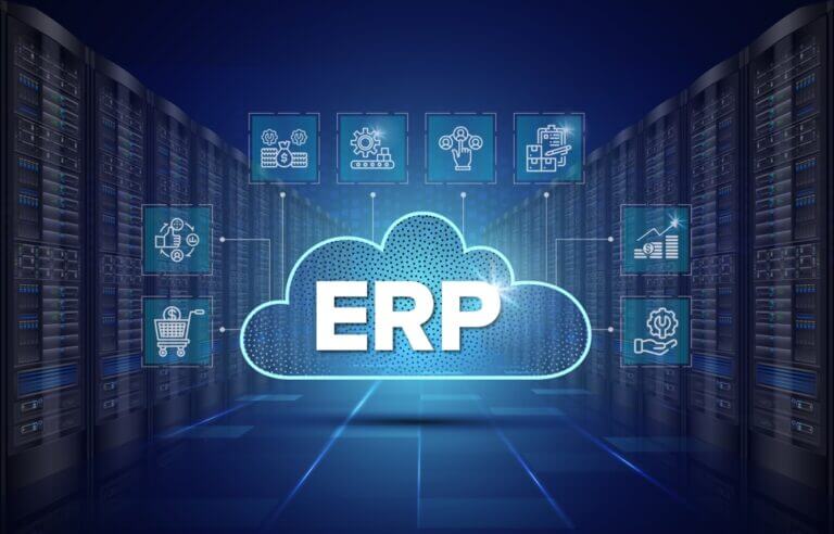 Ilustración de un servidor en la nube con el texto ERP en el centro, rodeado de íconos que representan finanzas, logística, recursos humanos y operaciones, destacando las ventajas del ERP en la Nube para empresas.