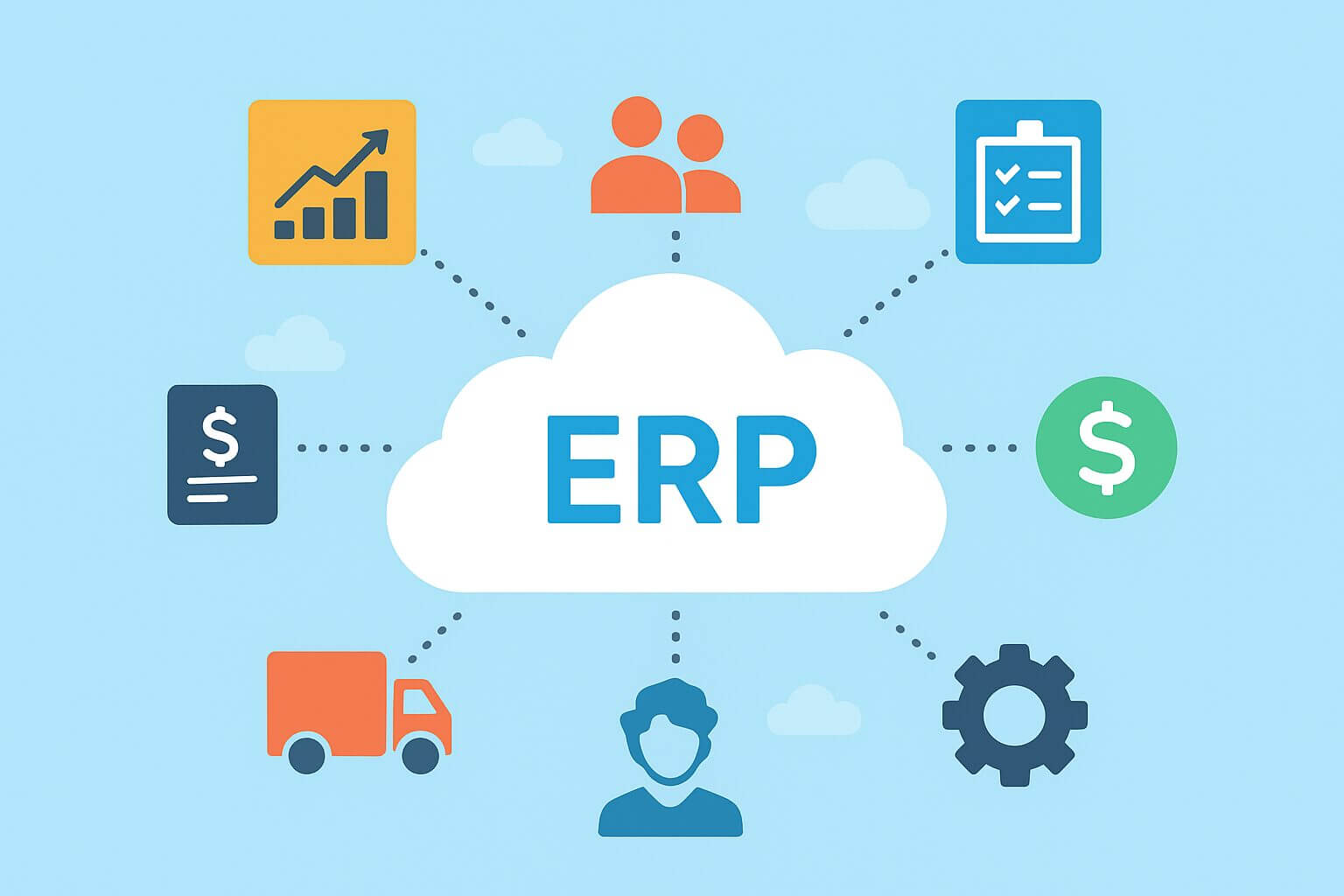 Ilustración de un ERP en la Nube representado en un ícono de nube conectada con gráficos de finanzas, recursos humanos, logística y operaciones, mostrando la centralización de procesos empresariales.
