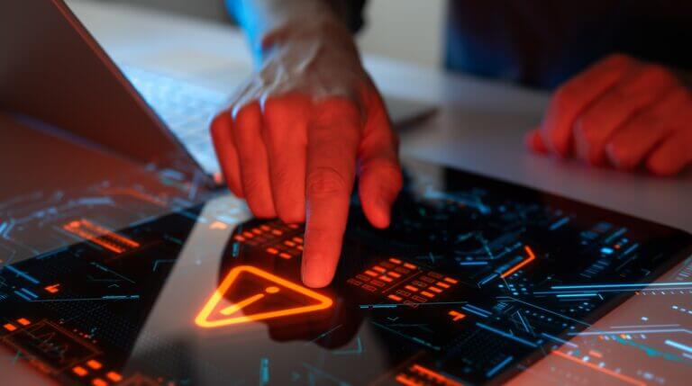 Man,Interacting,With,A,Holographic,Touchscreen,Interface,In,Red,Color.