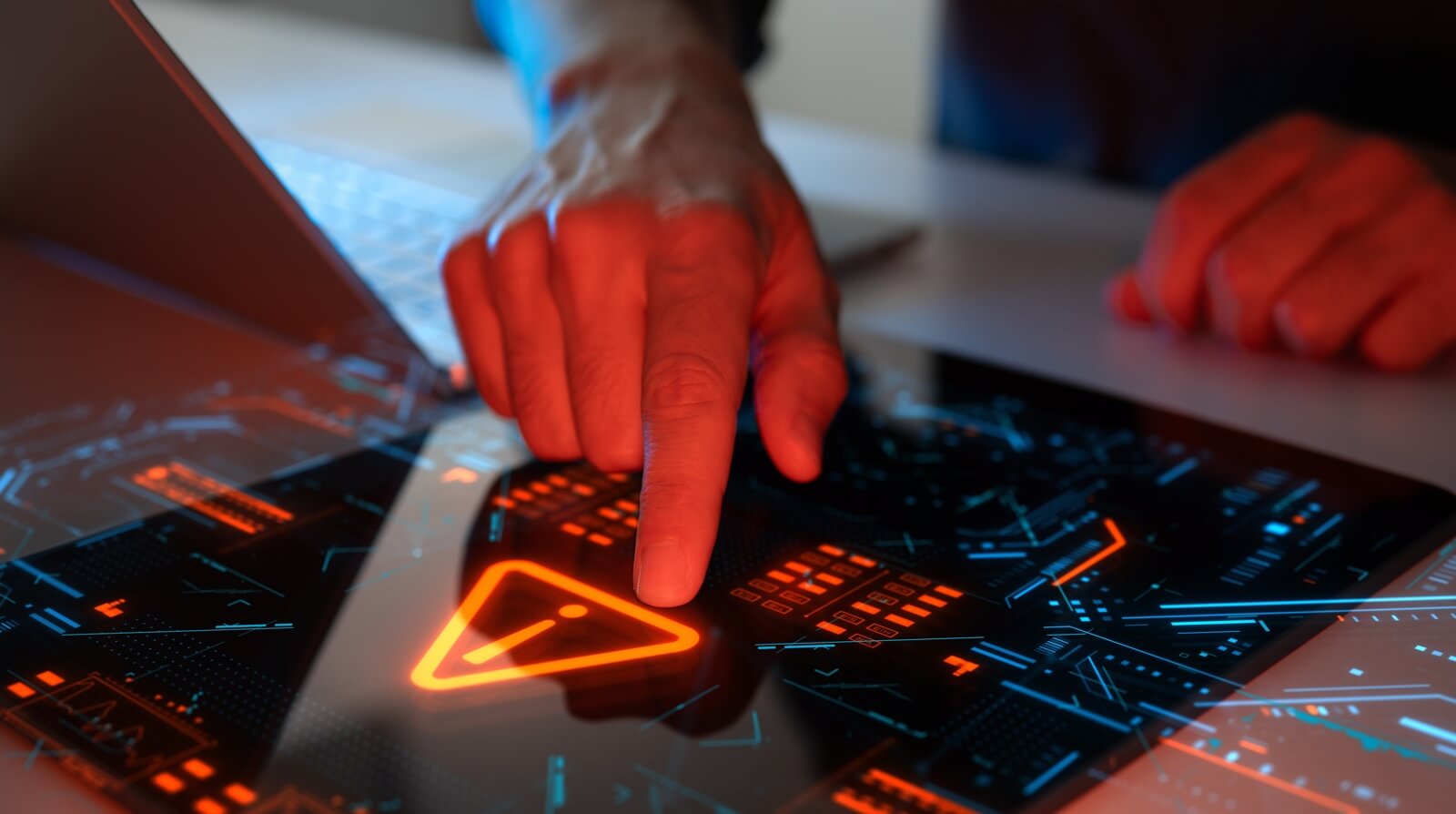Man,Interacting,With,A,Holographic,Touchscreen,Interface,In,Red,Color.