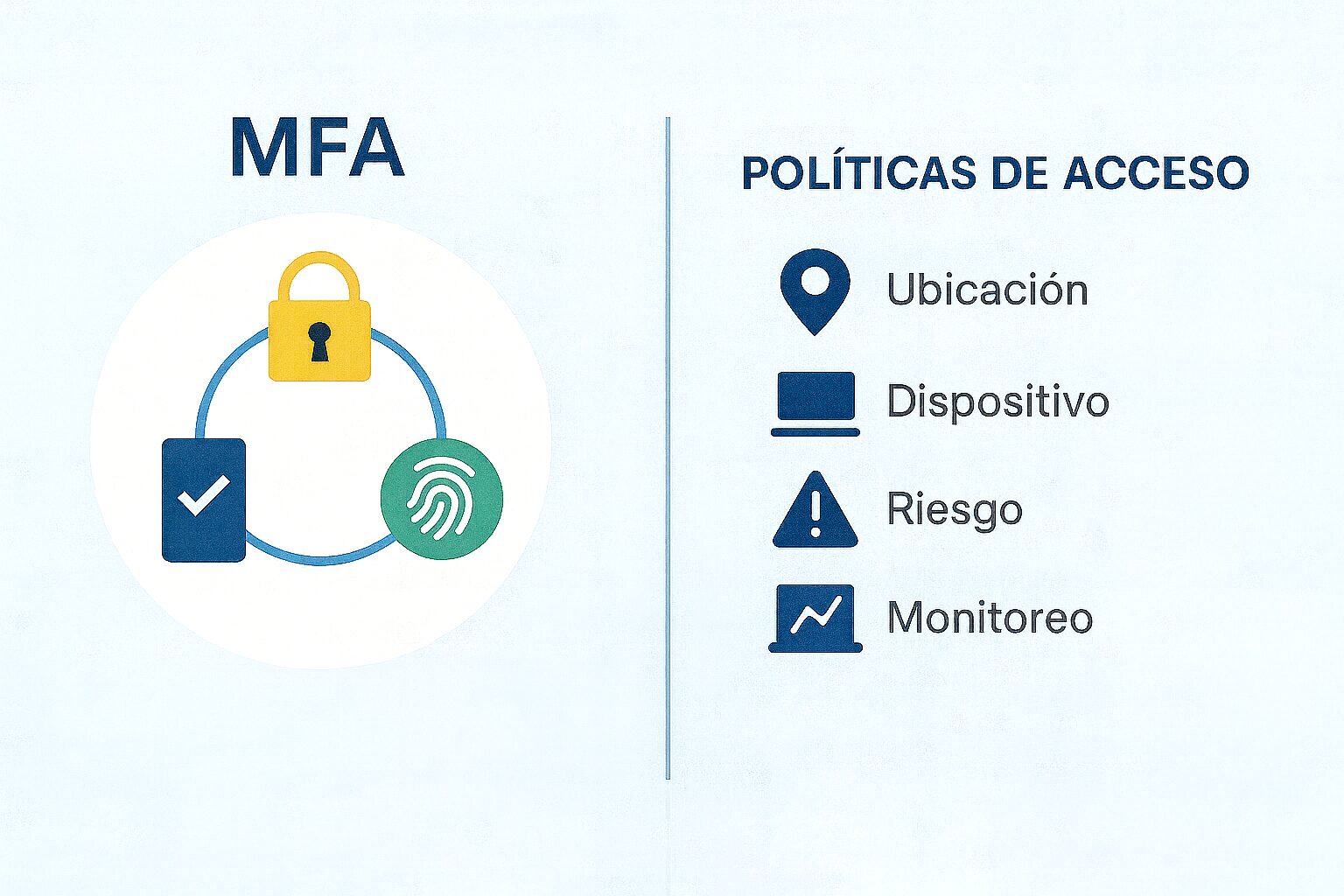 Infografía sobre MFA con íconos de huella digital, candado y verificación, acompañada de políticas de acceso basadas en ubicación, dispositivo, riesgo y monitoreo, en el marco de las 10 acciones para proteger los datos personales clave.