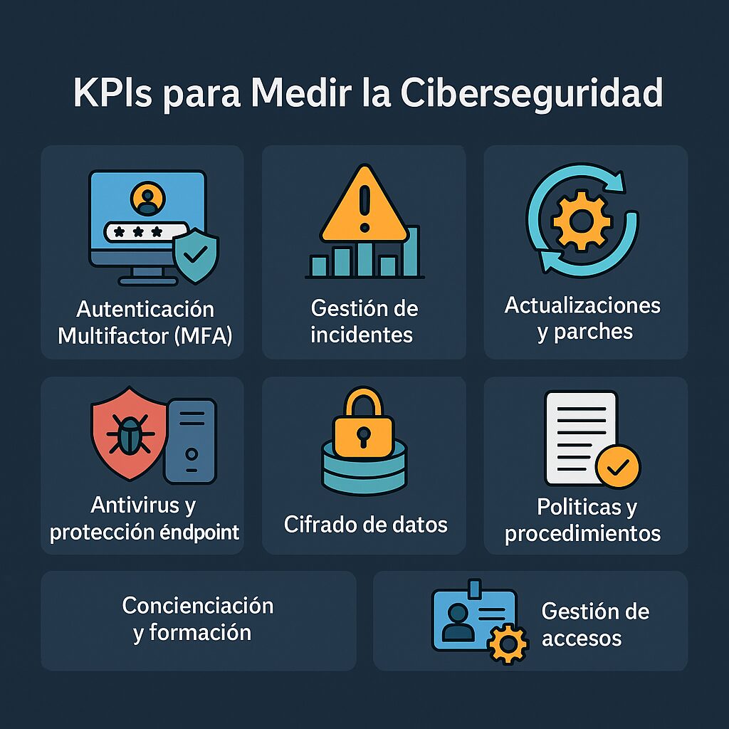 Infografía muestra KPIs de ciberseguridad como MFA, gestión de incidentes, actualizaciones, cifrado de datos, políticas, formación y gestión de accesos, alineados con las 10 acciones para proteger los datos personales clave.