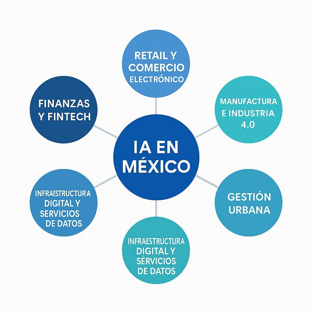 Gráfico circular que muestra los sectores de aplicación de la IA en México: finanzas y fintech, retail, comercio electrónico, manufactura e industria 4.0, gestión urbana e infraestructura digital.