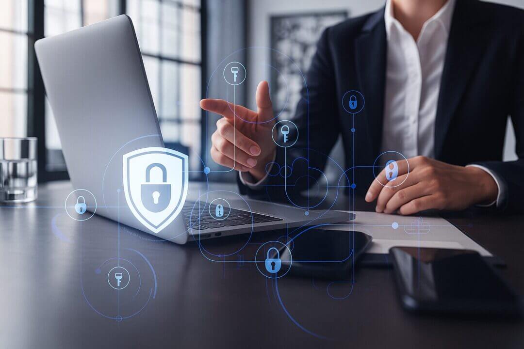 Ejecutivo en oficina frente a laptop con hologramas de ciberseguridad y candado digital, ilustrando un análisis de riesgo informático para empresas.