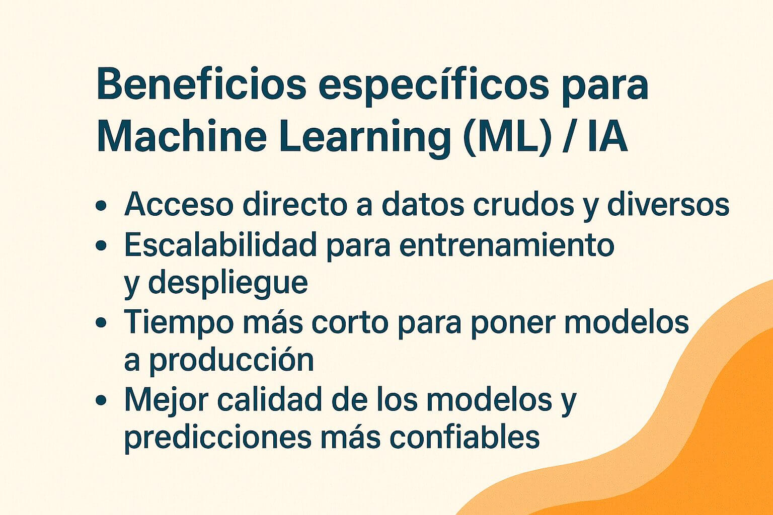 Imagen que presenta una lista de los beneficios de un Data Lakehouse para aplicaciones de inteligencia artificial y aprendizaje automático, como el acceso a datos crudos, la escalabilidad y un tiempo más corto para poner los modelos en producción.