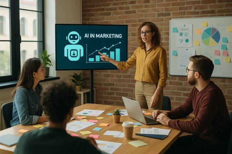 Equipo de trabajo observa una presentación sobre IA en marketing, con una ponente mostrando gráficos de crecimiento y un ícono de inteligencia artificial en pantalla.