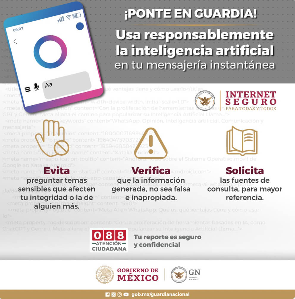 Infografía del Gobierno de México sobre uso responsable de inteligencia artificial en mensajería instantánea, con consejos para evitar riesgos, verificar información y solicitar fuentes confiables.