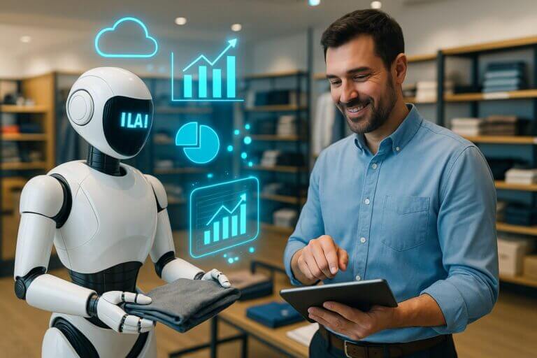 Robot con inteligencia artificial entrega ropa a un profesional en tienda minorista, mientras gráficos virtuales de datos y marketing se proyectan en el aire.