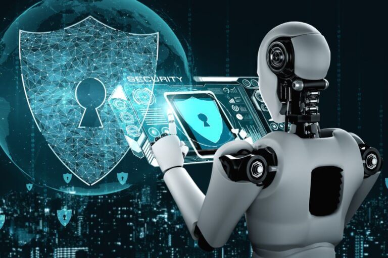Ilustración de un robot interactuando con una pantalla digital que muestra íconos de seguridad y un escudo con candado, simbolizando la protección frente a los riesgos de la IA en entornos corporativos.