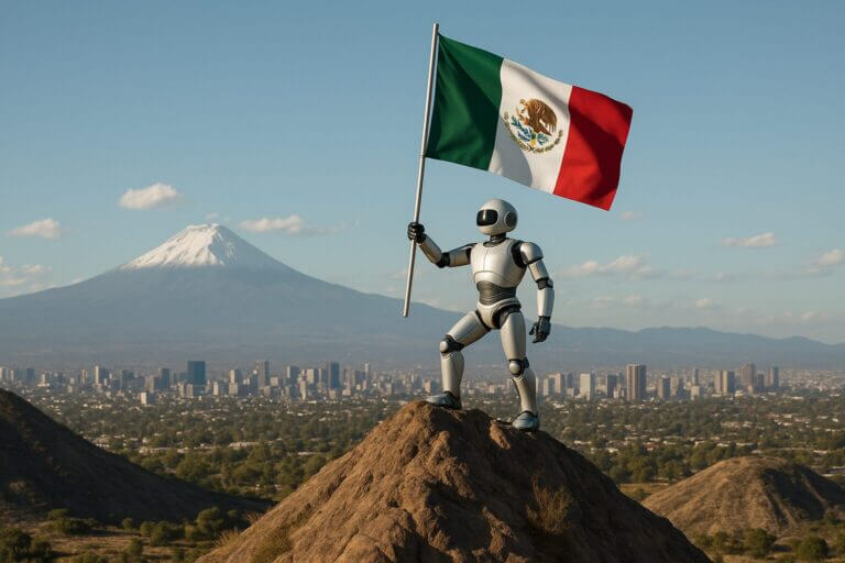 Robot sostiene la bandera de México sobre una montaña con la Ciudad de México y el volcán Popocatépetl al fondo, simbolizando el avance nacional en inteligencia artificial.