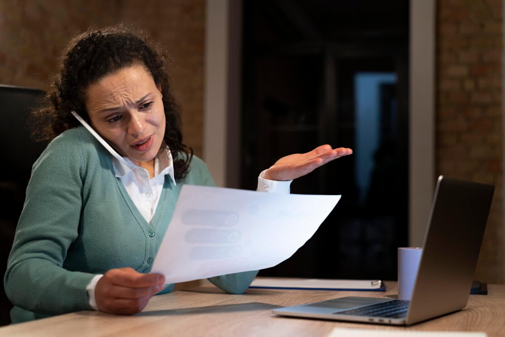 Mujer sentada frente a una computadora, hablando por teléfono y revisando un documento en la mano. Expresa preocupación por un asunto relacionado con protección de datos.
