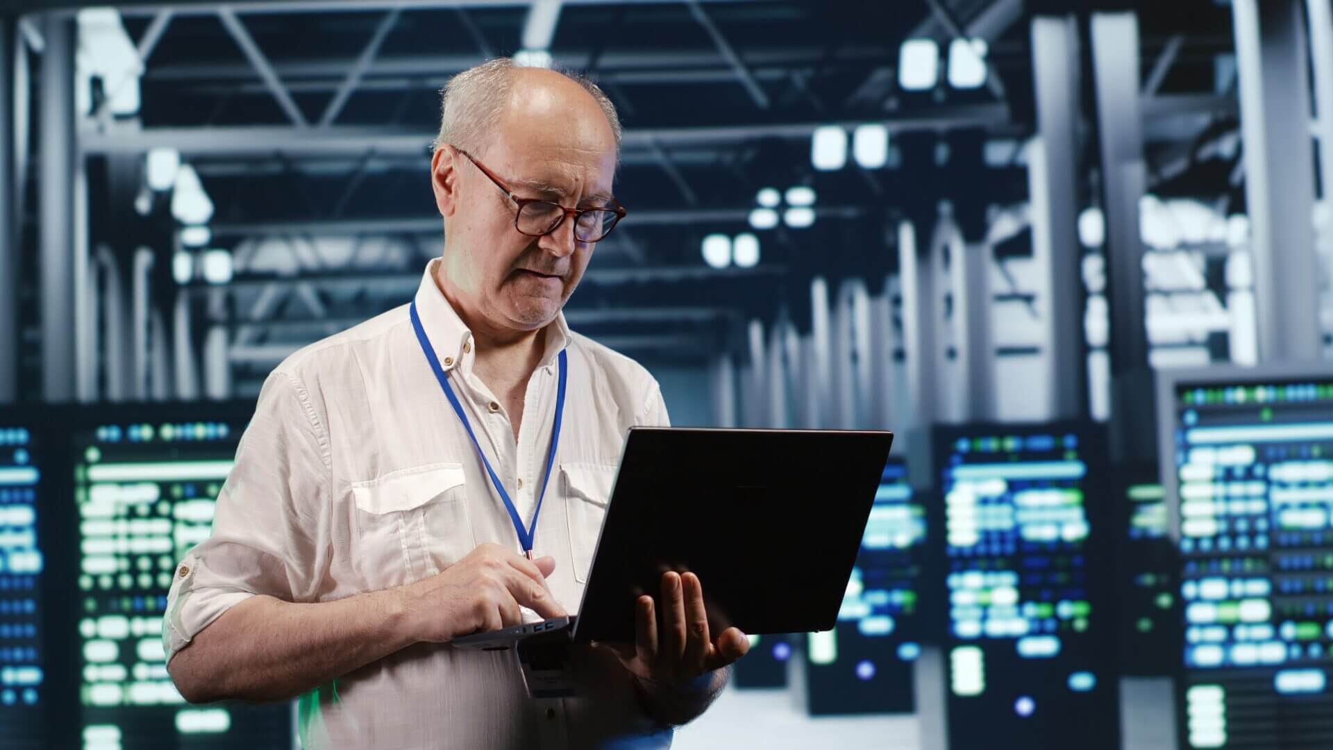 Profesional revisando información en un portátil dentro de un centro de datos, representando la gestión y análisis de Big Data empresarial.