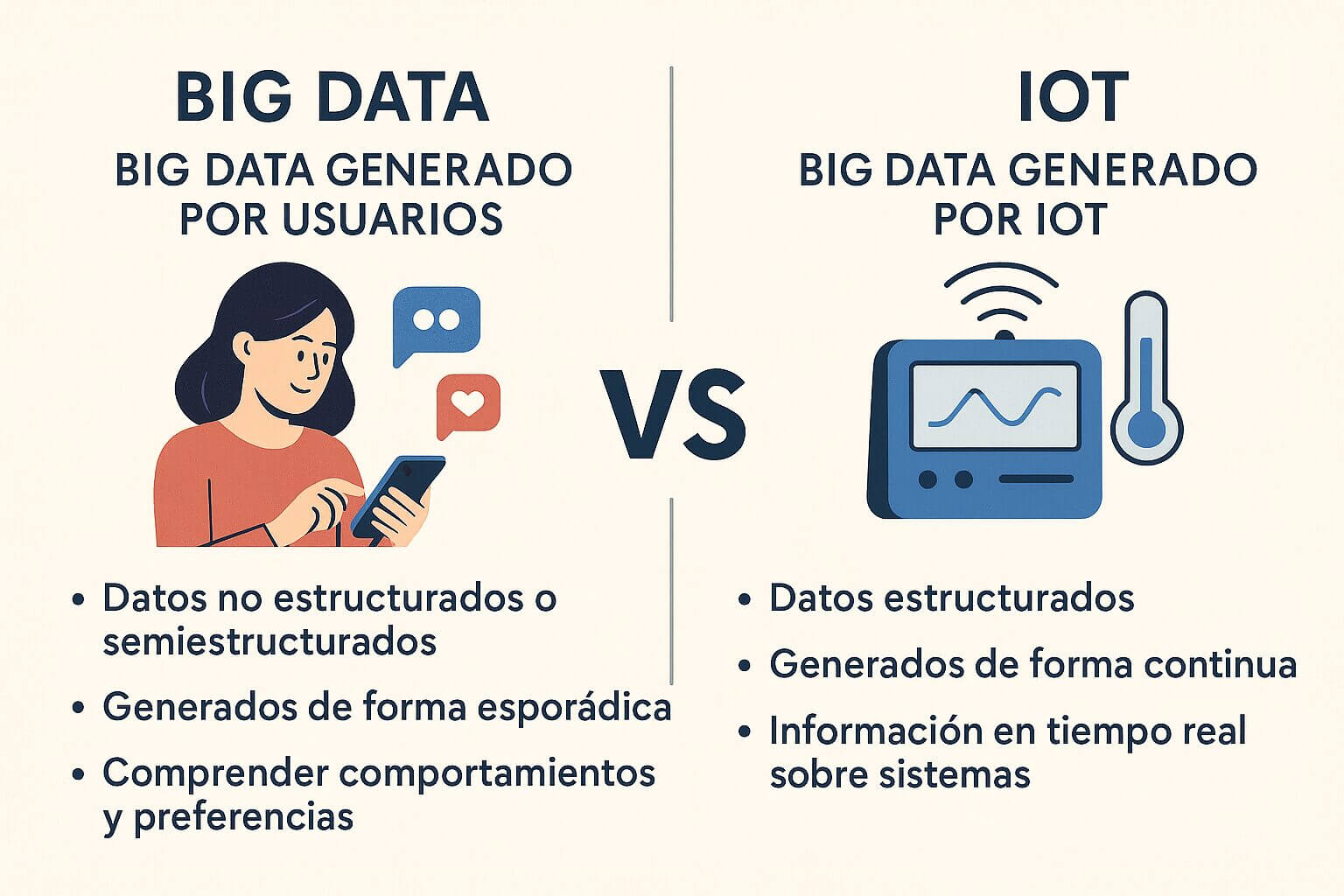 Infografía que compara el Big Data generado por usuarios con el Big Data del IoT, mostrando diferencias en estructura, frecuencia e información en tiempo real.