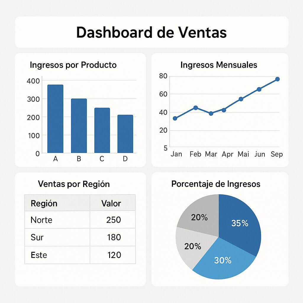 Panel de control con gráficos y tablas que muestran ingresos por producto, región y mes, aplicando análisis descriptivo y predictivo para evaluar el rendimiento comercial.