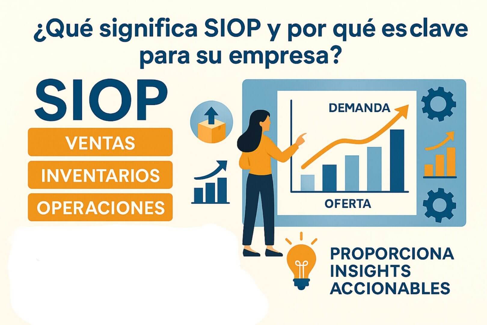 Ilustración que explica el concepto SIOP con gráficos de demanda y oferta, destacando ventas, inventarios y operaciones como ejes principales.