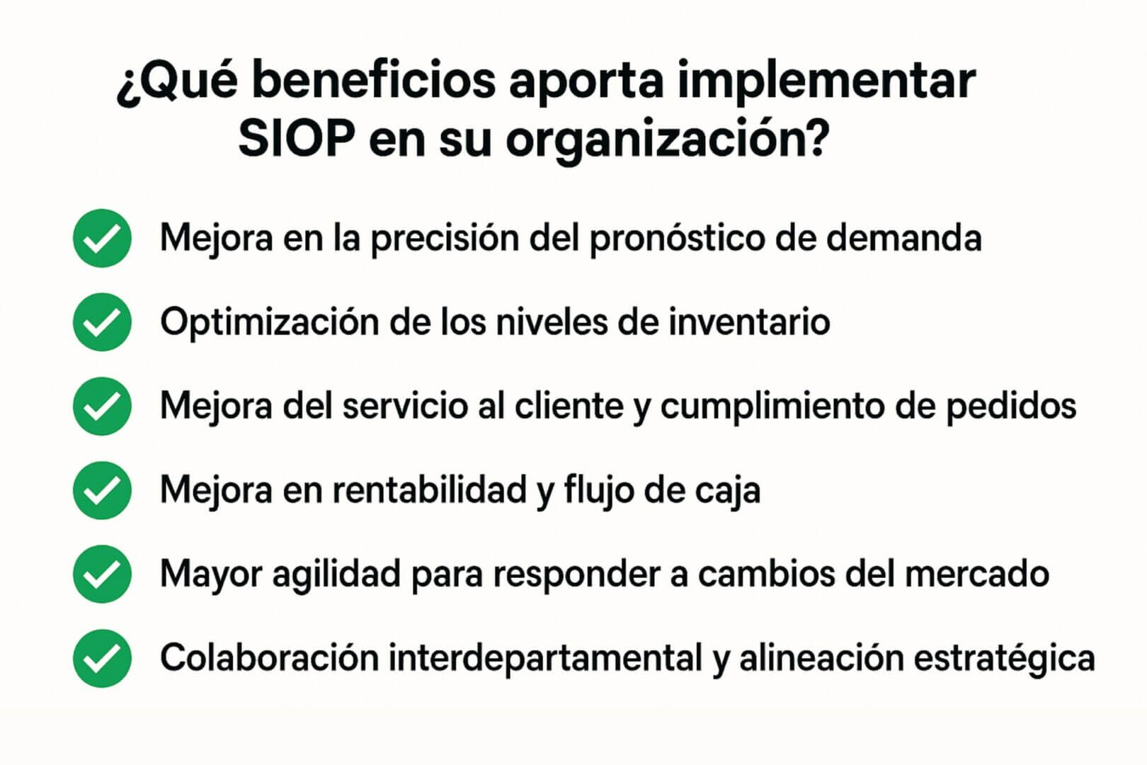 Lista de beneficios del modelo SIOP que incluye mejora del pronóstico de demanda, optimización de inventarios y mayor rentabilidad.