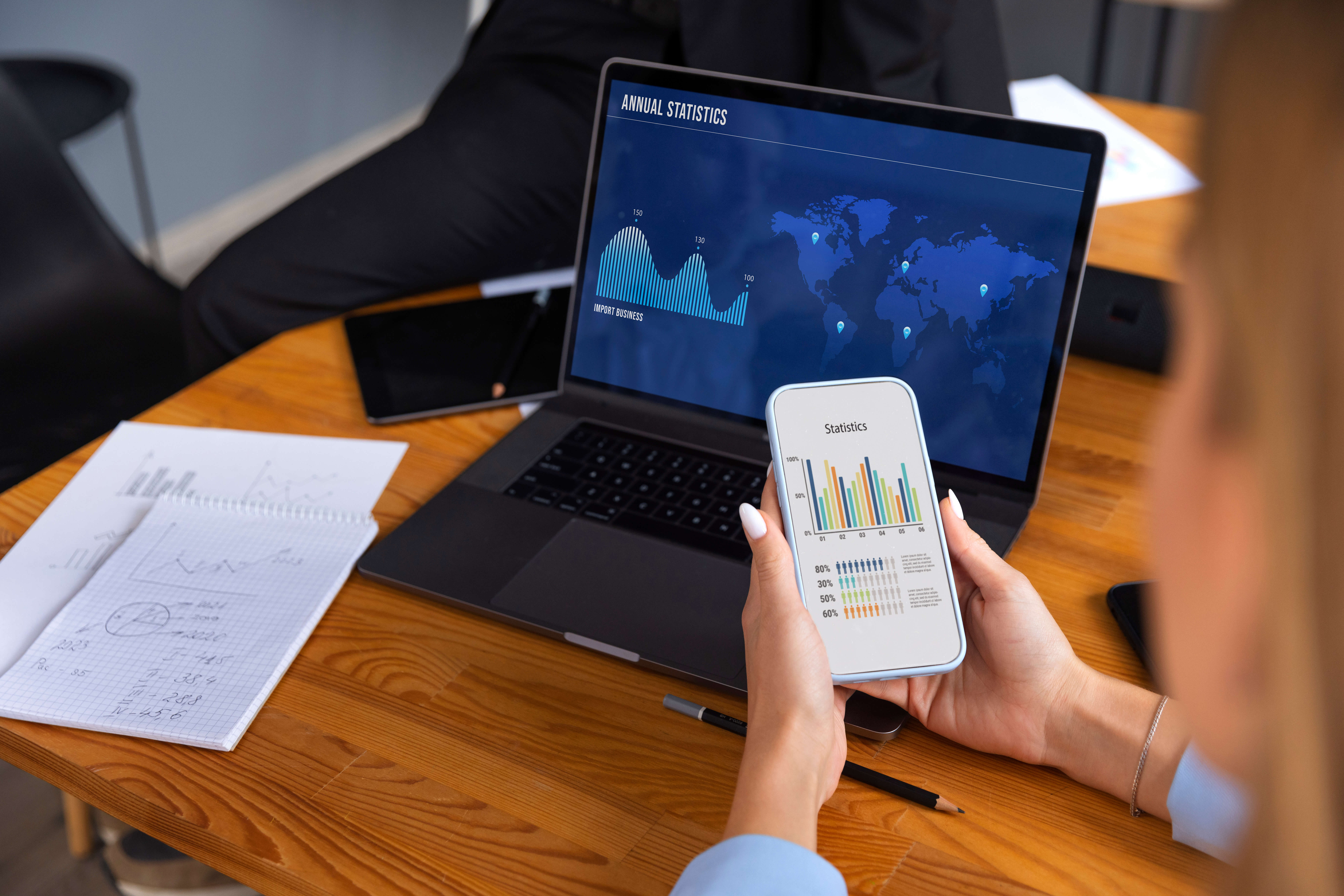 Profesional revisa en laptop y móvil un panel de datos para machine learning en finanzas, con gráficos de mercado global.