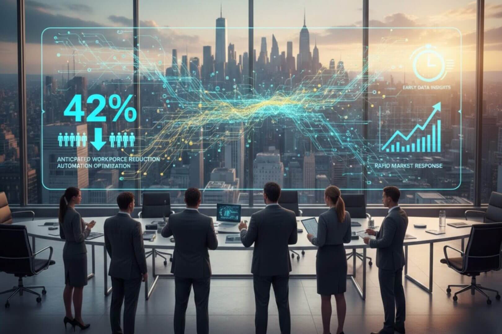 Equipo de ejecutivos observa paneles digitales con métricas y un 42% destacado, sobre una ciudad, como ejemplo de machine learning en finanzas para automatización y análisis estratégico.