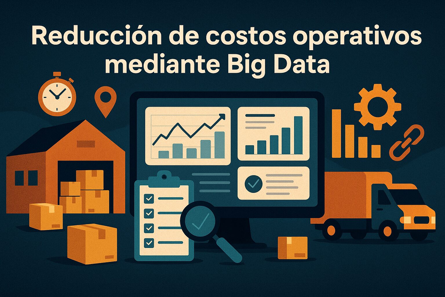 Ilustración de big data en la cadena de suministro con paneles de analítica, checklist, depósito, camión y cajas, orientada a reducir costos operativos.