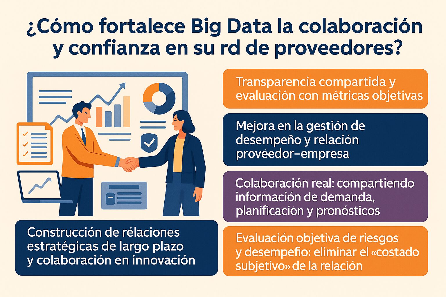 Infografía sobre big data en la cadena de suministro que muestra colaboración con proveedores, transparencia compartida, métricas objetivas y evaluación de riesgos.